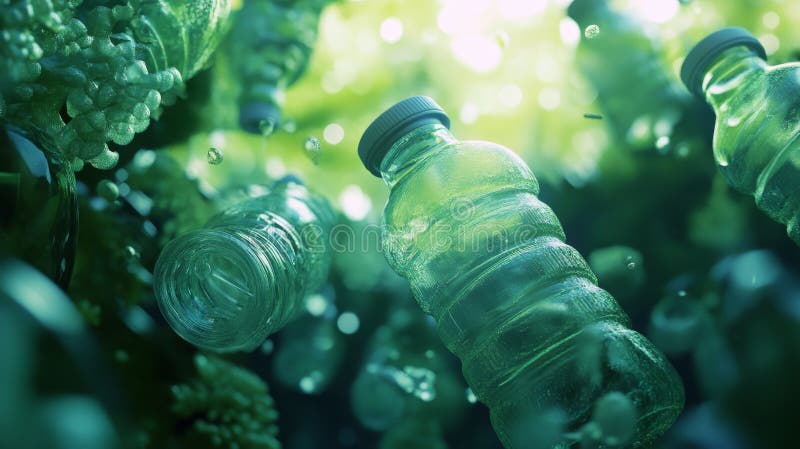 Close-up of floating plastic bottles in a green underwater scene stock photos