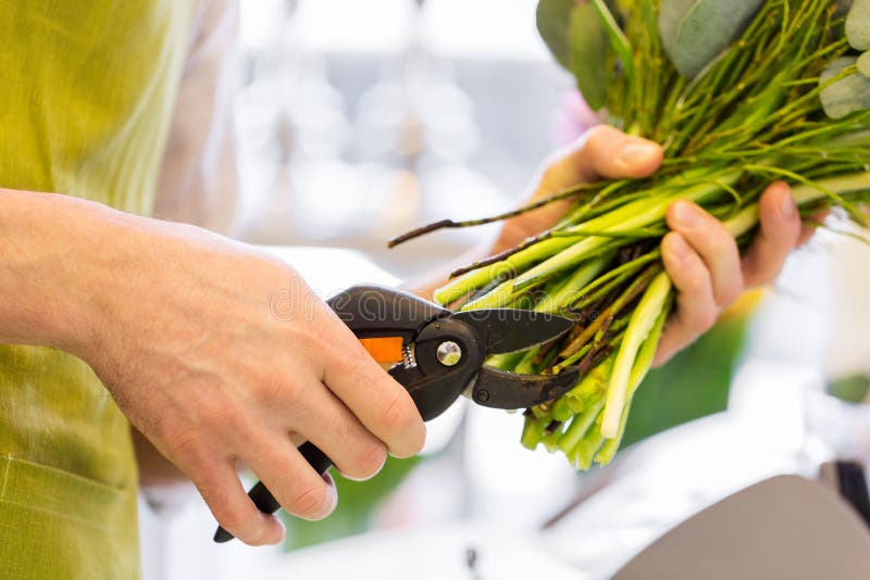 Close up of florist man with flowers and pruner