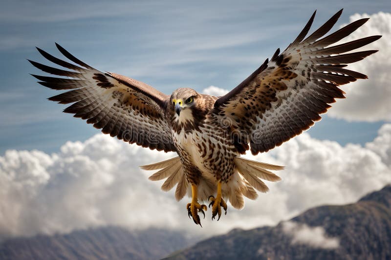 A close up of a flying hawk with an amazing background stock photos