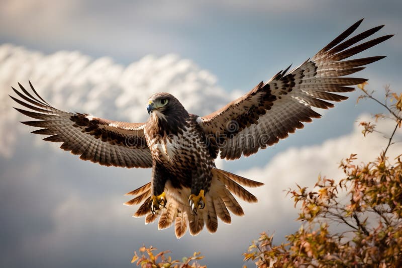 A close up of a flying hawk with an amazing background stock photo