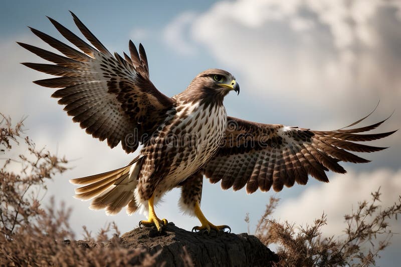 A close up of a flying hawk with an amazing background royalty free stock photo