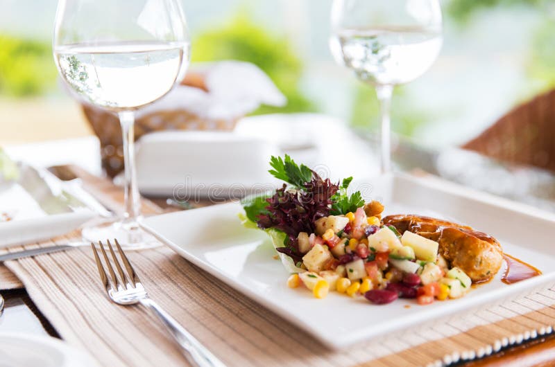 Close Up of Food and Water Glasses at Restaurant Stock Photo - Image of ...