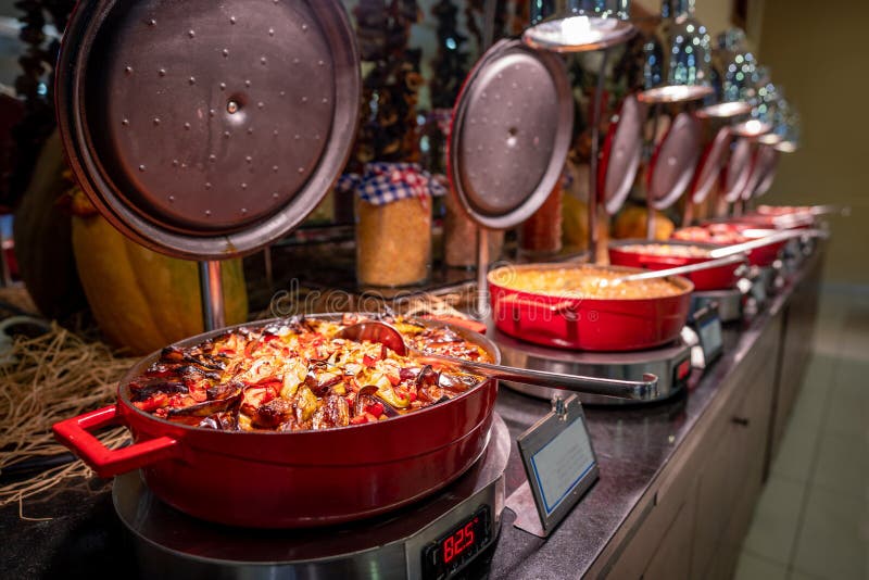 Close Up of Foods in Cooking Pots in Buffet of Restaurant. Stock Image Image of banquet