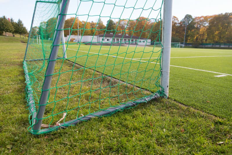 Close up of football goal on field.