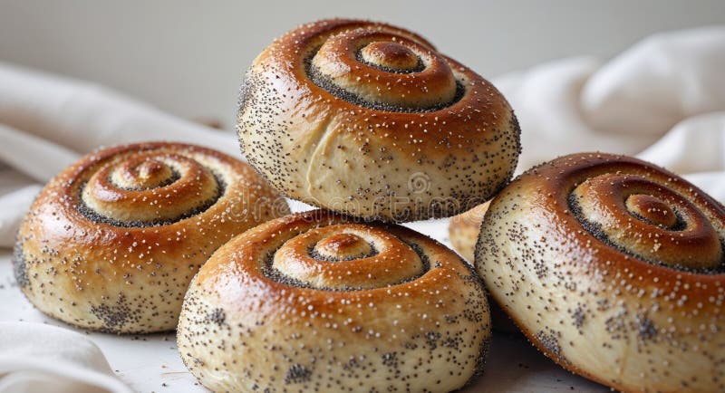Close up of four poppy seed rolls with a golden crust. royalty free stock image