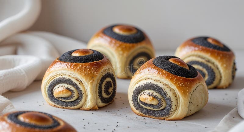 Close up of four poppy seed rolls with a golden crust royalty free stock images