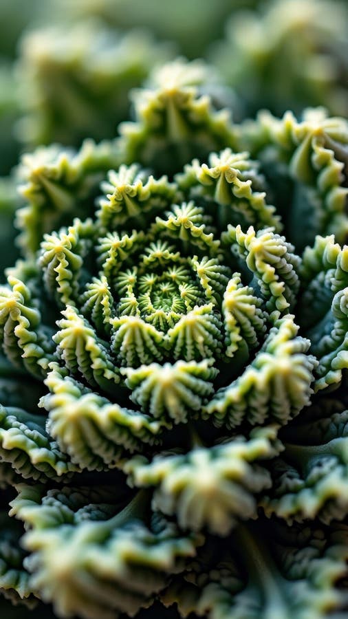 Close-up of fractal patterned green succulent with intricate leaf structure. That the image is generated using AI.