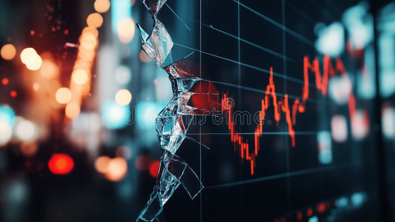 Close up of a fragmented digital screen showing a stock market chart with red lines, illuminated city lights in the background royalty free stock photography
