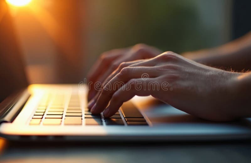 Close-up freelancer hands typing on laptop keyboard. Woman works with computer at home. Modern tech, remote job concept. Golden stock photos