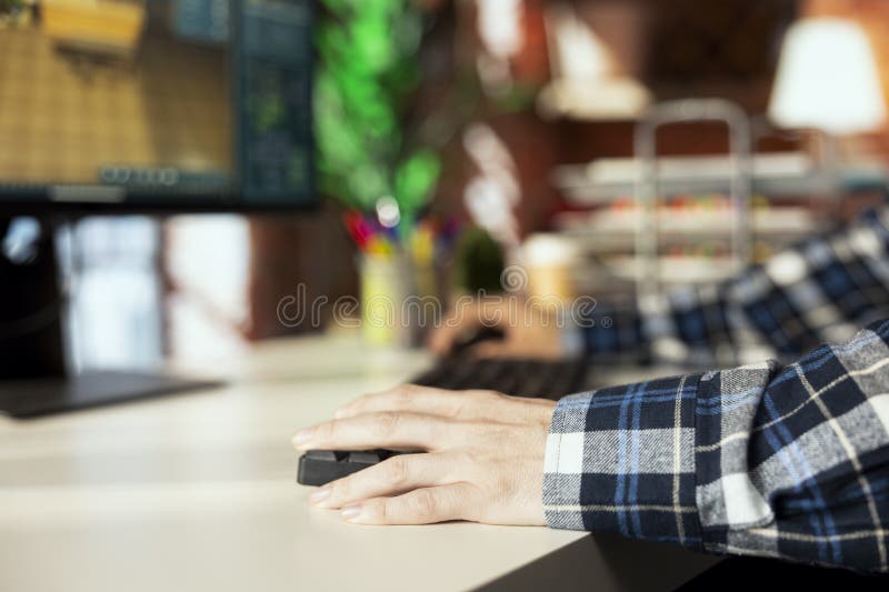 Close up of freelancer moving assets in 3D modeling program on computer royalty free stock images