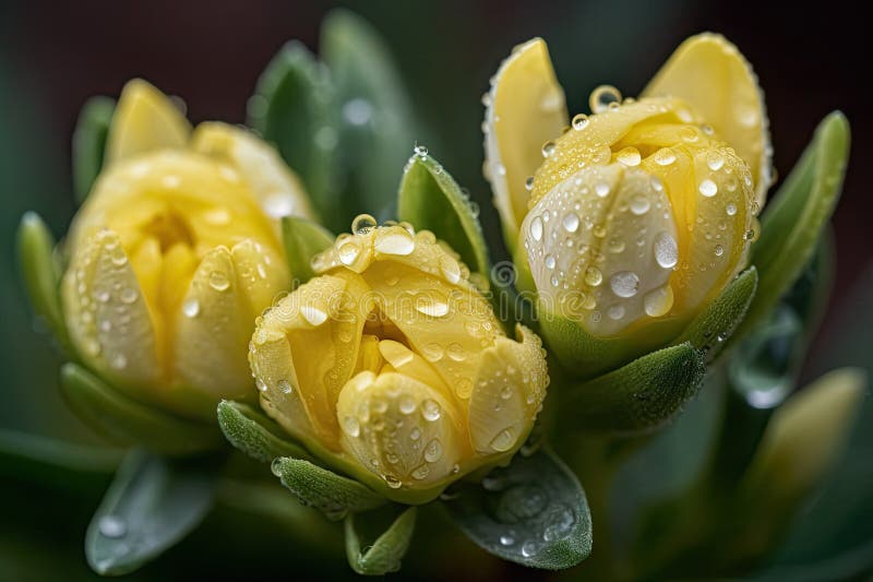 Closeup of Freshly Bloomed Flower Buds, with Dew Drops on Petals Stock