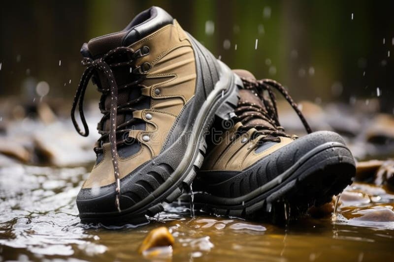 Close-up of freshly constructed pair of waterproof boots stock illustration