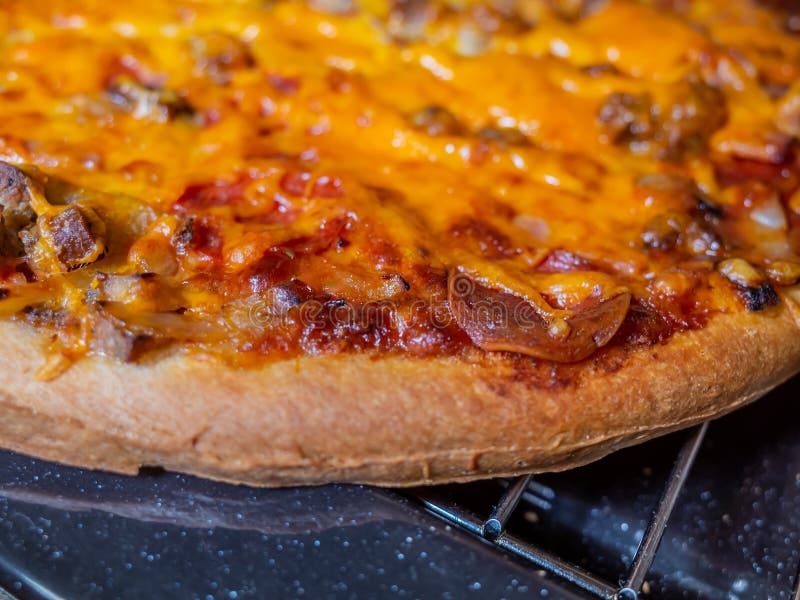 Close Up of Cheese and Tomato Pizza with a Golden Crust Editorial Stock Photo Image of cheese
