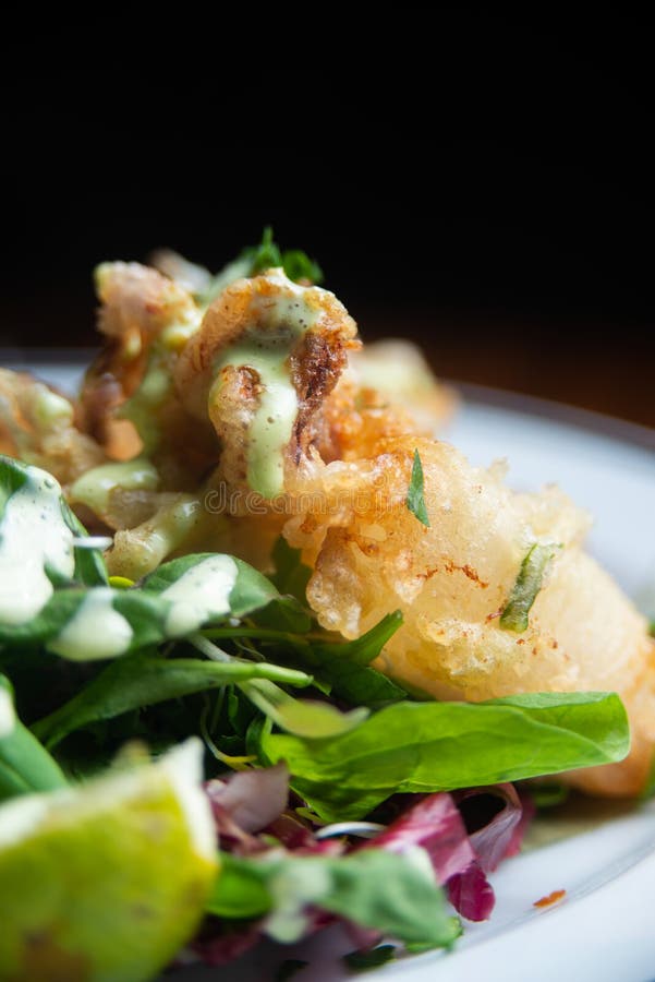 Close Up of Fried Baby Squid Dish with Salad Stock Photo Image of