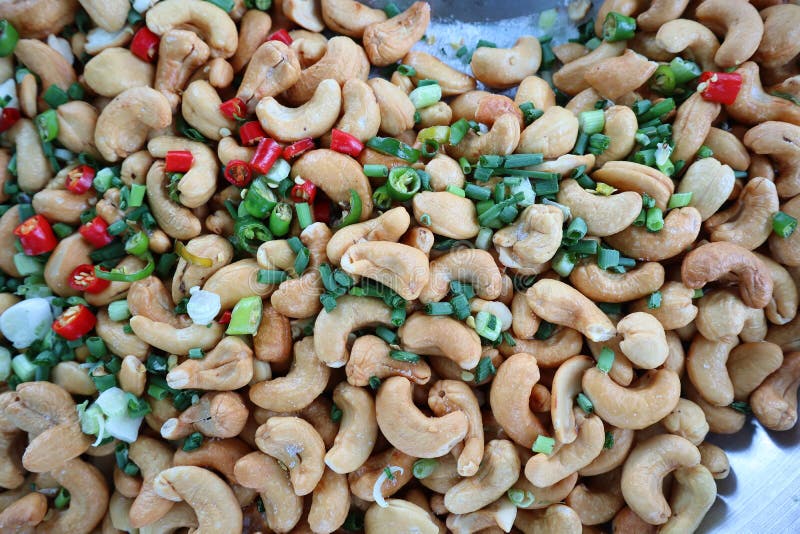 Close Up, Fried Cashew Nuts, Vegetables and Peppers for Eating Stock
