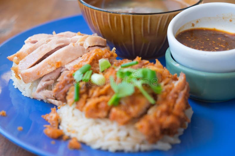 Close Up of Fried Chicken and Boil Chicken with Rice Stock Photo