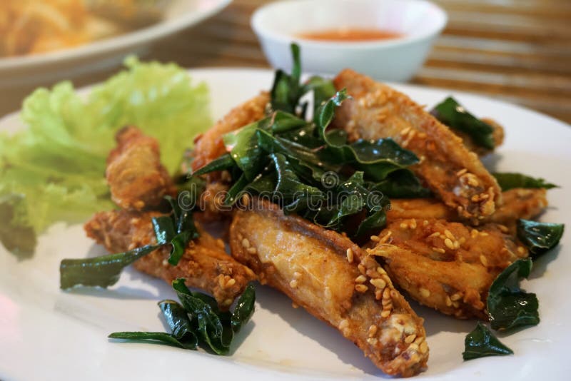 Close Up Fried Chicken with Herbs on White Plate Stock Image Image of