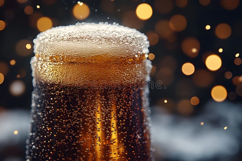 Refreshing Glass of Fizzy Beer with Bokeh Lights - Perfect for Celebrations and Parties Generative AI. A close-up of a frothy beer glass with bubbles rising, set against a background of warm, blurred bokeh lights. the image evokes a festive mood, ideal for party, celebration, or promotional materials in the beverage industry. Generative AI