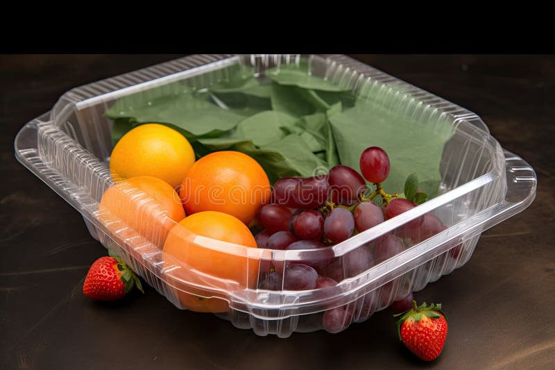 Closeup of Fruit Tray, with Packaging Made from Recycled Materials