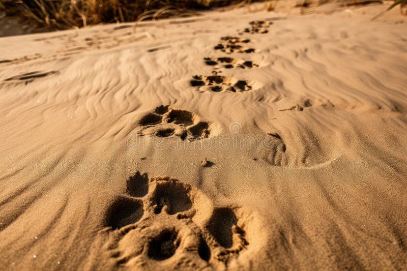 a close-up of fur footprints on a sandy beach, created with generative ai