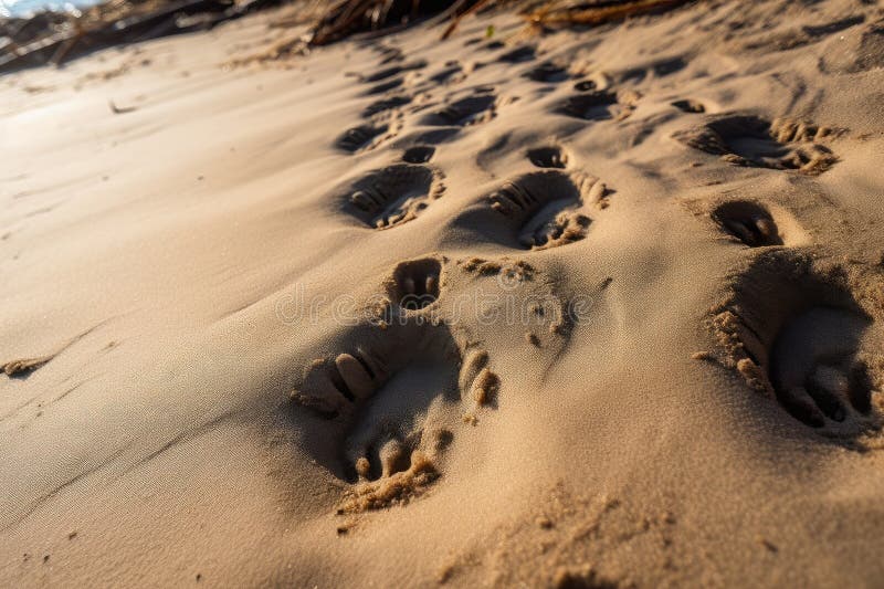 a close-up of fur footprints on a sandy beach, created with generative ai