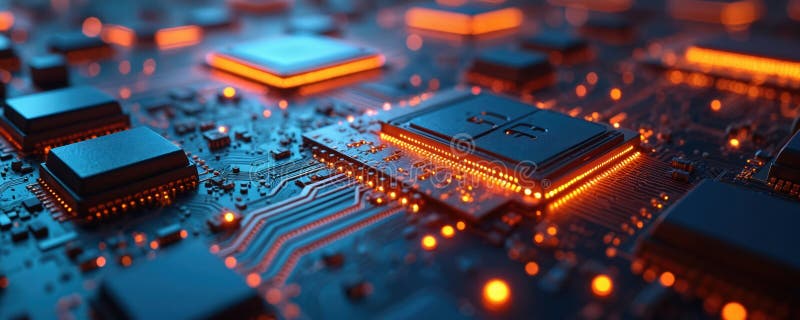 Close-up of futuristic CPU data processing on illuminated blue, orange motherboard. Electronic circuit board, computer chips vector illustration