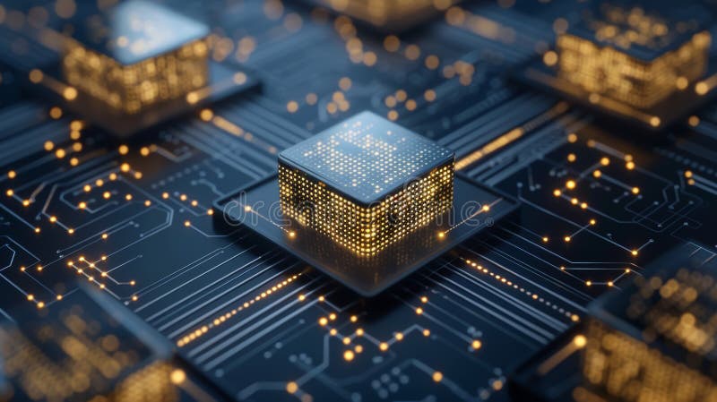 Close-up of futuristic microchip with intricate circuits and glowing elements, symbolizing advanced technology and computational royalty free illustration