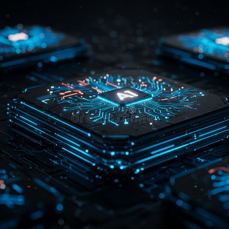 A close-up of a futuristic microchip labeled \'AI,\' surrounded by intricate circuitry stock illustration