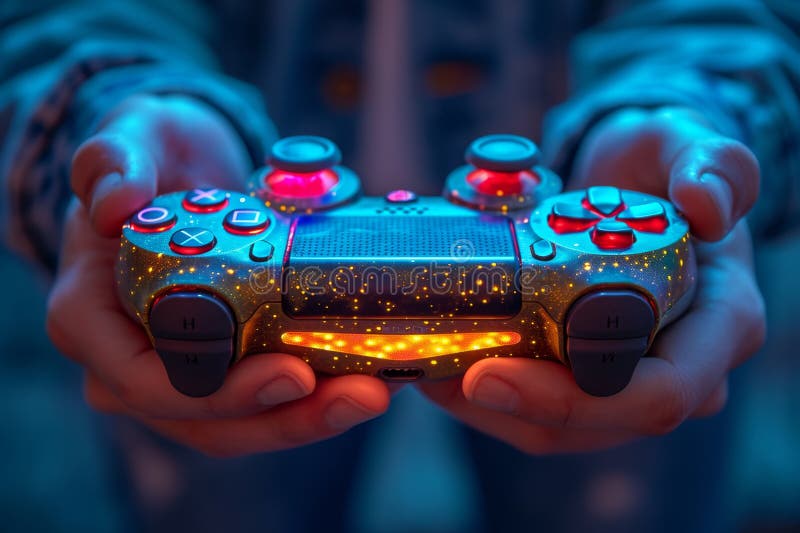 Close-up of a game joystick in human hands. Management concept royalty free stock photos
