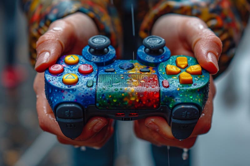 Close-up of a game joystick in human hands. Management concept stock photography