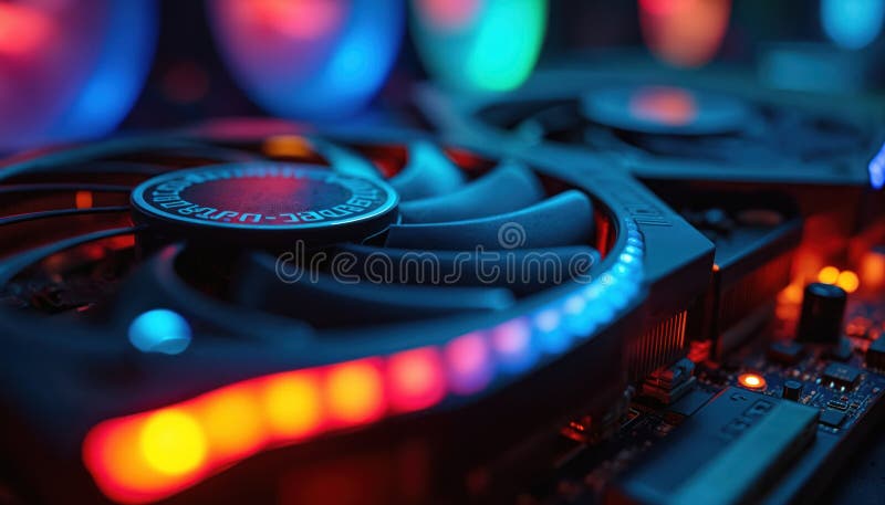 Close-up Gaming PC graphics card with RGB lighting. Cooling fan, digital circuit board, futuristic tech design. Computer hardware stock images