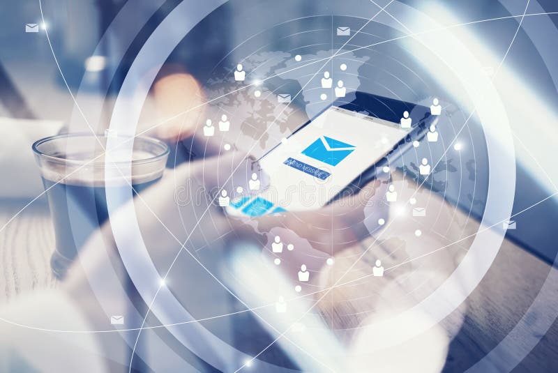 Close up of generic design smart phone holding in female hands for texting message. Message send icons screen. Interface royalty free illustration