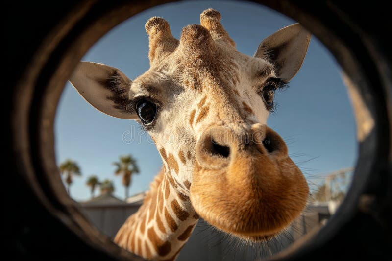 Close-up of giraffe face peeking through circular opening, showcasing curiosity and unique perspective in zoo environment stock photo