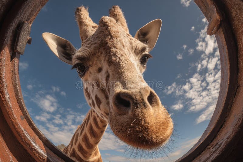 Close-up of giraffe's head peeking through circular opening, against backdrop of blue sky and white clouds stock photo