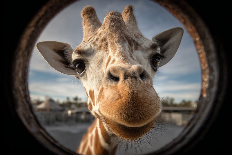 Close-up of giraffe's head peeking through circular opening, showcasing its curiosity and unique perspective royalty free stock photo