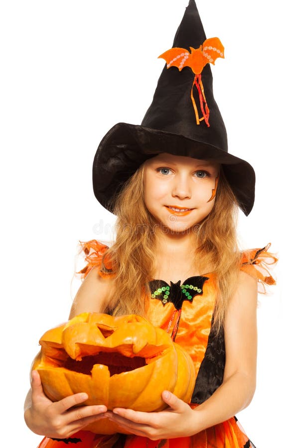 Close-up Girl with Pumpkin in Witch Dress Stock Photo - Image of black ...