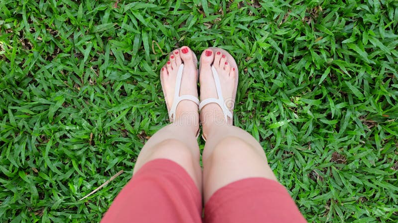Close Up On Girls Feet Wearing Sandals On Green Grass Stock Photo