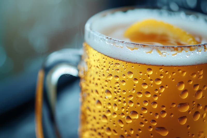 Close-up of a glass of cold beer with a lemon slice, covered in condensation droplets, creating a refreshing visual royalty free stock image