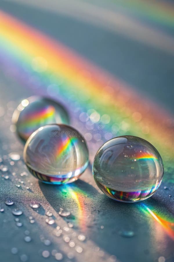 Close up of glass spheres refracting light in colorful patterns on wet surface stock illustration