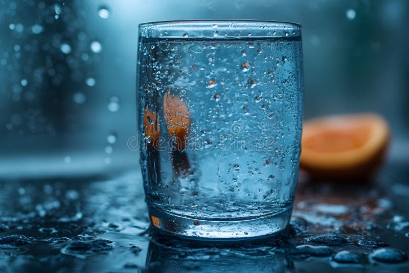 Refreshing Glass of Water with Splashing Drops and Citrus Element Generative AI stock illustration