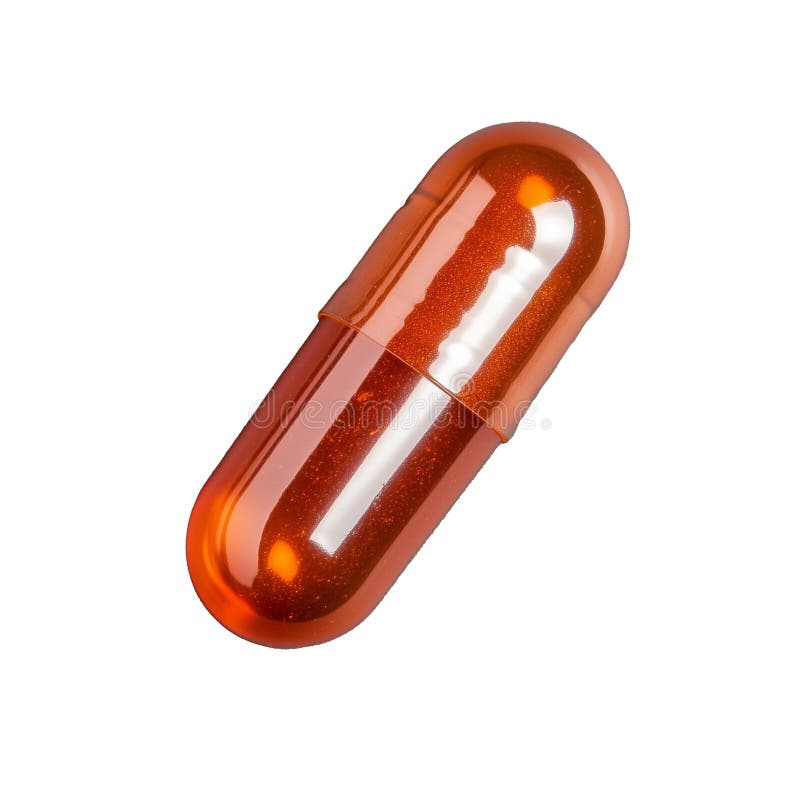 Close-up of a glossy orange capsule on a transparent background stock image