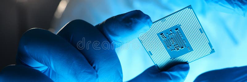 Close-up gloved hands holding detail microchip royalty free stock photos