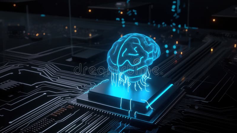Close-up of glowing blue brain circuit on microchip connected to computer motherboard for big data processing and artificial royalty free illustration