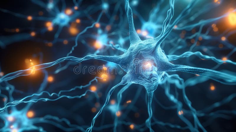 Close-up of glowing brain neurons. Neural network of the brain, neural activity. Neurology, science and research. Brain function royalty free illustration