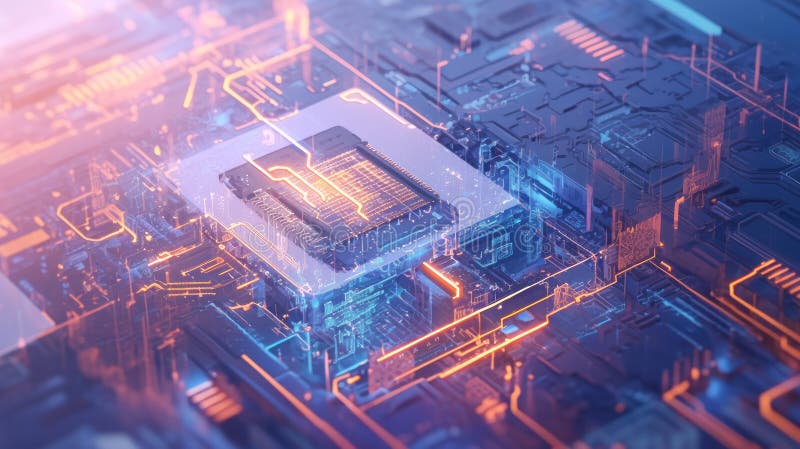 Close-up of a glowing central processing unit (CPU) on a circuit board, showcasing intricate technological details vector illustration
