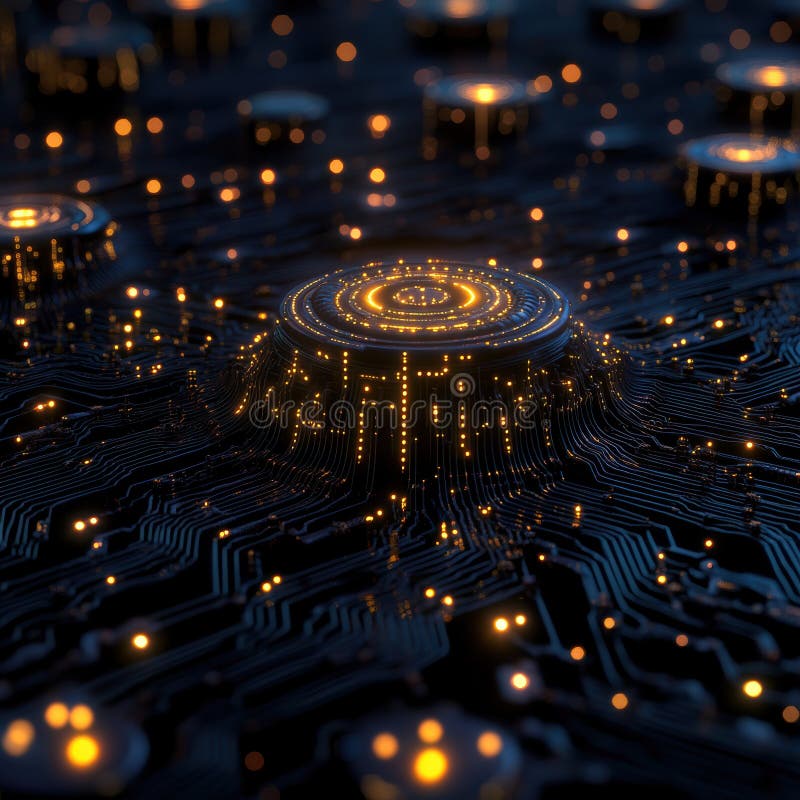 Close-up of a glowing circuit board featuring futuristic nodes and illuminated pathways, symbolizing advanced technology and stock illustration