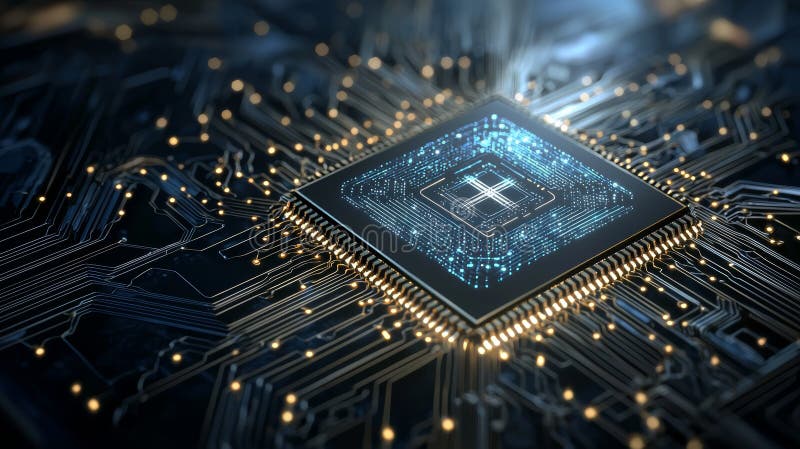 Close-up of a glowing computer processor chip on a circuit board. The chip is surrounded by intricate wiring, symbolizing the stock illustration