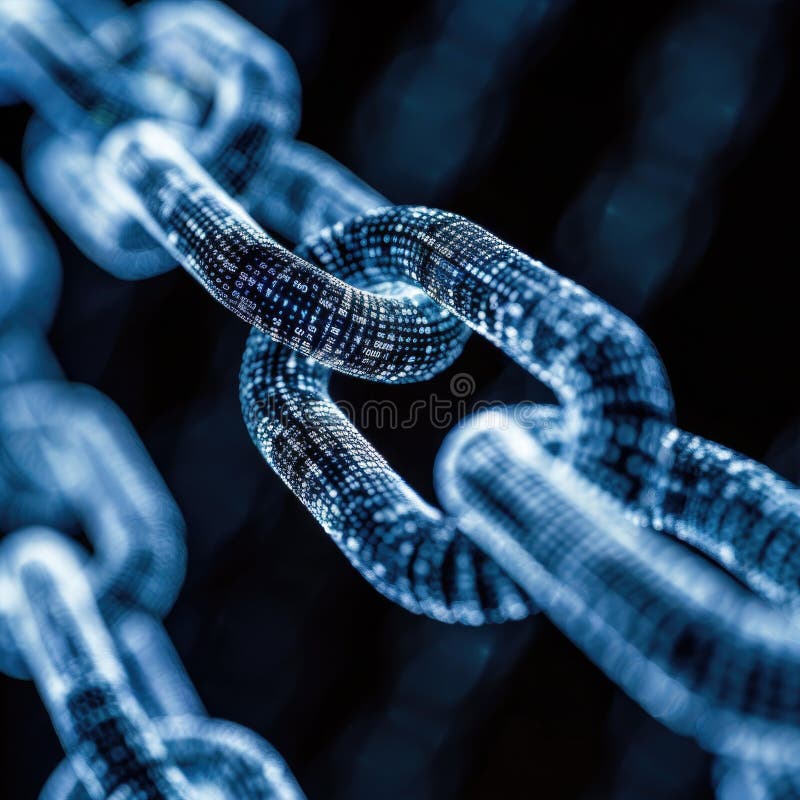 Close-up of a glowing digital chain link, representing blockchain technology, connectivity, and data security, on a dark background, Generative AI