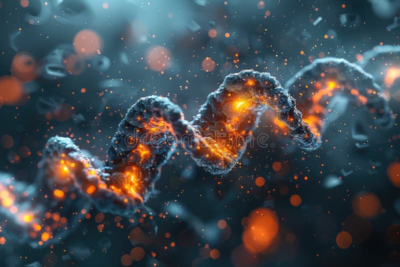Close-up of a glowing DNA molecule with orange and blue lights, symbolizing genetics and biotechnology advancements in a vector illustration