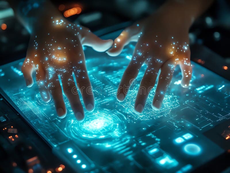 Close-up of glowing hands interacting with a futuristic digital stock photo